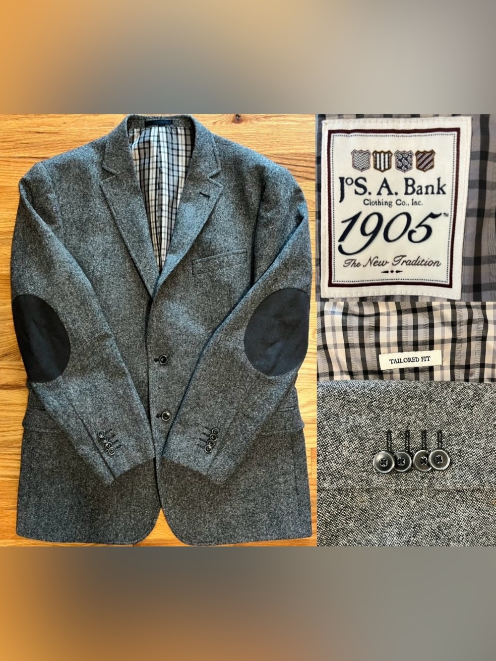 42R Jos. A. Bank 1905 100% Wool Blazer Salt & Pepper Dbl Vent Elbow Patches